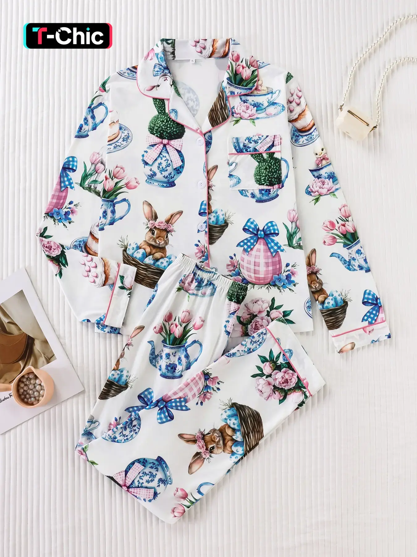 Women's Easter Bunny Floral Print Pajama Set, Long Sleeve Button Front, Knit Fabric, Soft Stretch, Casual Home Wear, Two-Piece Pjs
