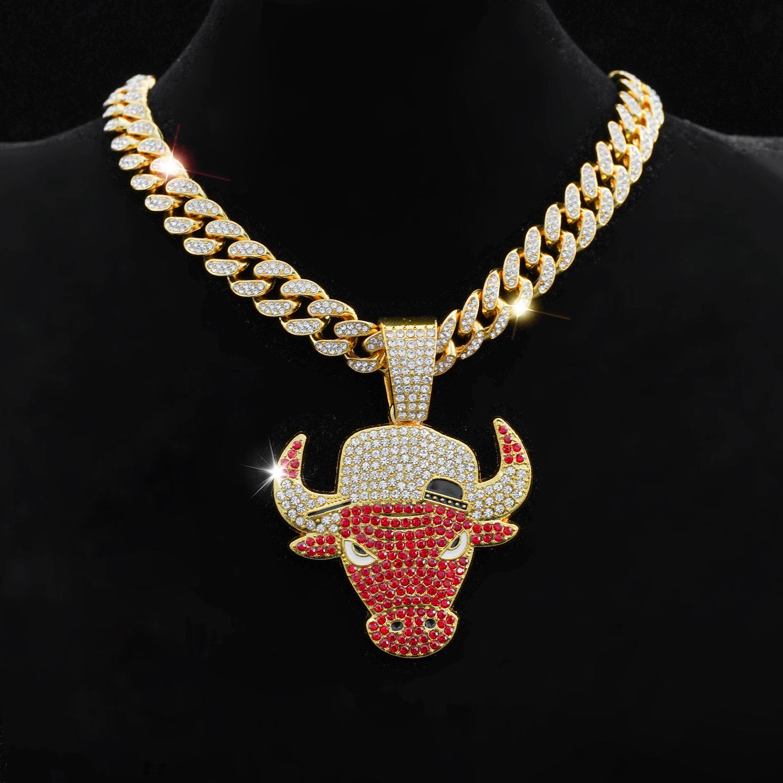 Men's hip-hop full-diamond necklace, fashionable and unique, with a cool red bull head pendant