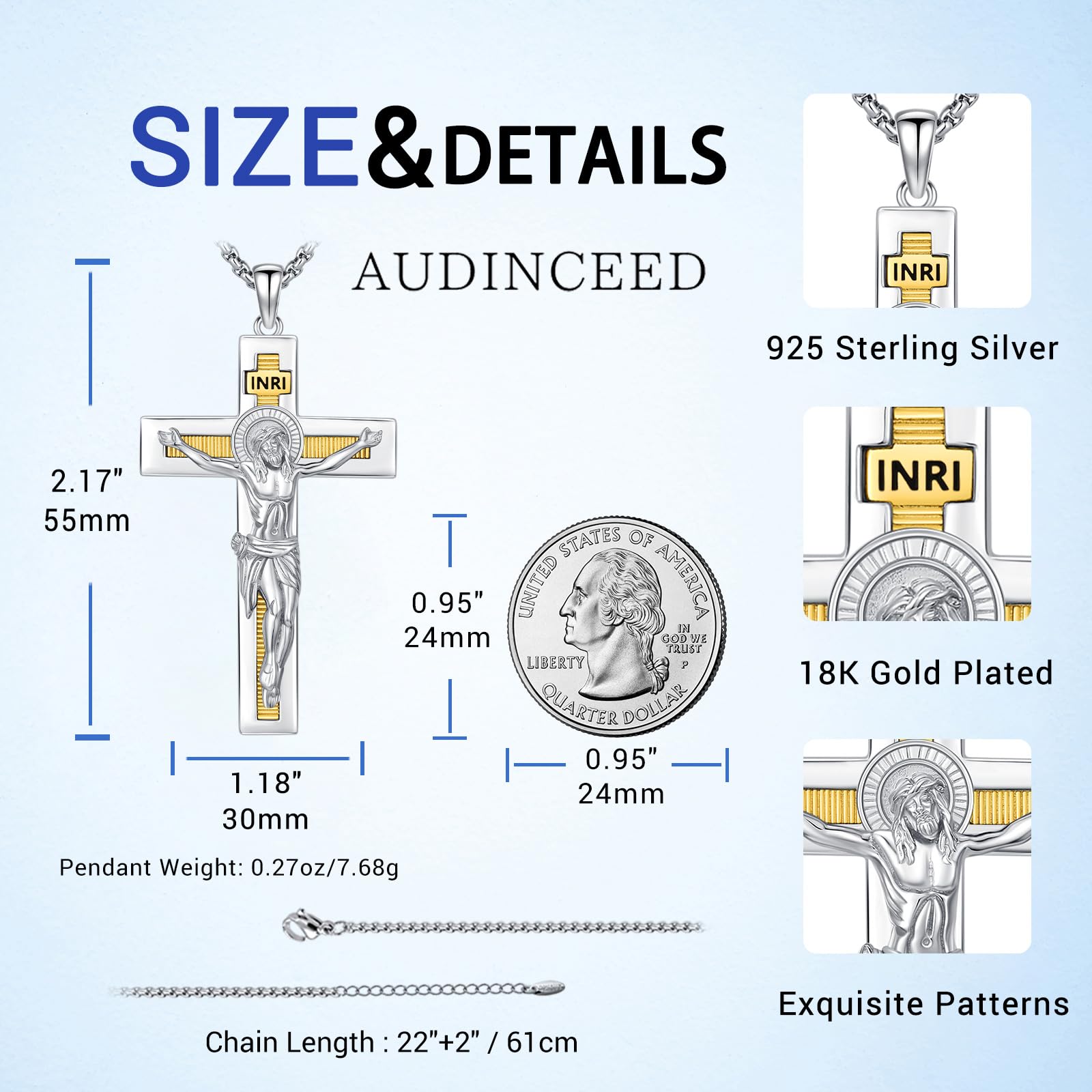 DRINSPER S925 Jesus Crucifix Necklace for Men Women 925 Sterling Silver Jesus Cross Necklace