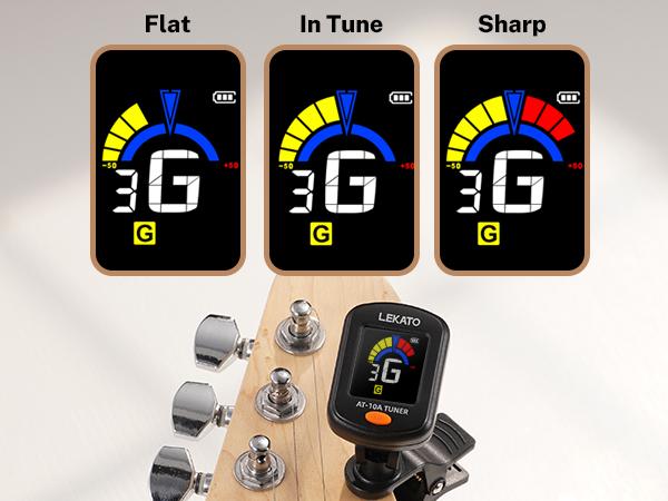 LEKATO Guitar Tuner, LCD Color Screen Clip On for Acoustic Electric Guitar Bass,Ukulele Violin,Chromatic Tuning Modes,Rechargeable Digital Tuner for Stringed Instruments