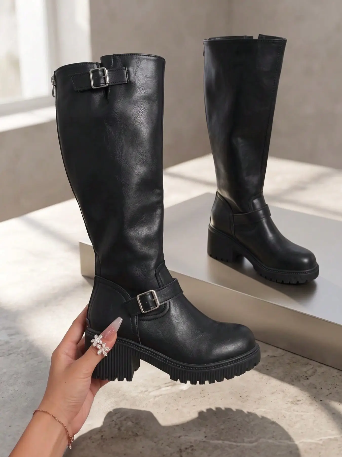 Vintage Maroon Knee-High Boots for Women, Round Toe Thick Sole High Tube Western Boots, Back Zipper Slimming Versatile Buckle Design, Fall Boots