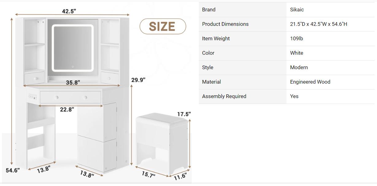 Sikaic Corner LED Makeup Vanity Desk With Storage Stool And Charging Station Mirror Drawers, Rotating Shelves