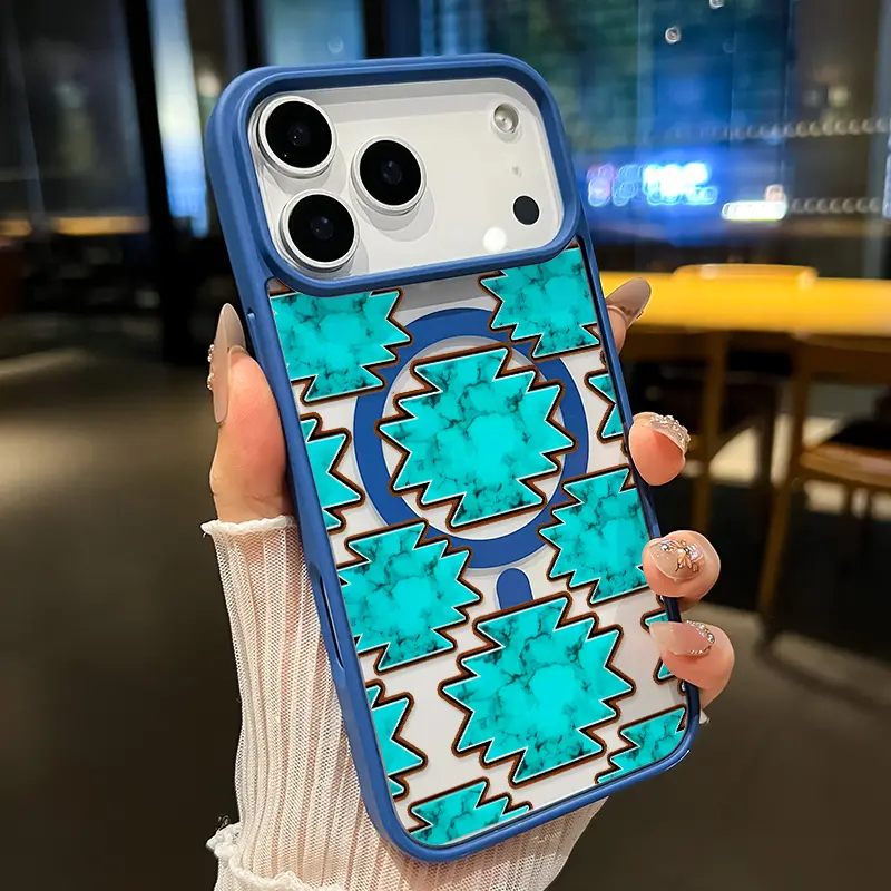 Turquoise Tribal Pattern Magnetic Phone Case for iPhone 17 Pro Max 16 Plus 15 14 13 12 11 Air E  Anti-Yellowing Shockproof Lightweight Transparent Acrylic Soft Cover Supports Wireless Charging.
