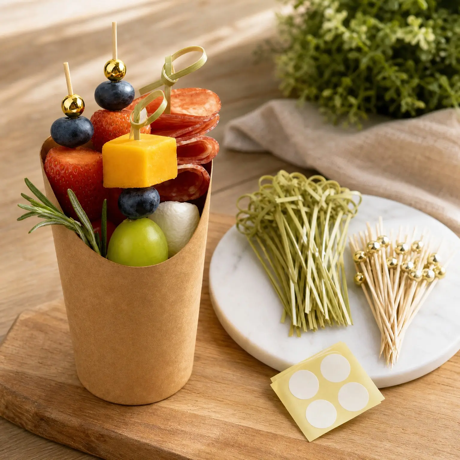 50 Pack 12 oz Disposable Charcuterie Cups with Sticks (2 Types), 200 Cocktail Picks & 56 Labels, Brown Paper French Fry Appetizer Cups for All OccasionsGift