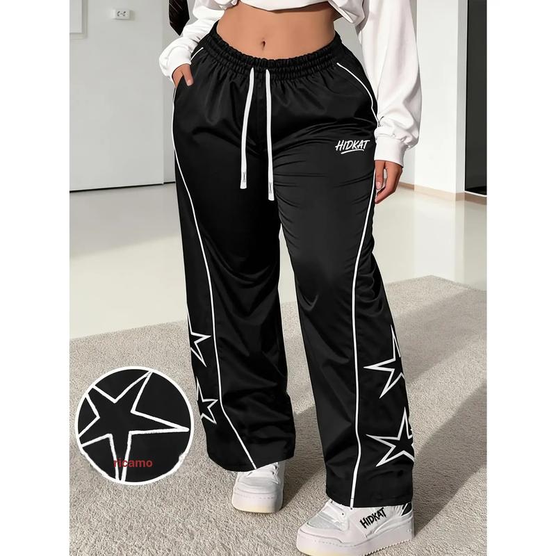Women's Star Embroidered Y2K Wide Leg Joggers - Smooth Lightweight Stretch Breath Drawstring Waist Full Length Trousers with Side Pockets, Universal Sport Dance Casual Use