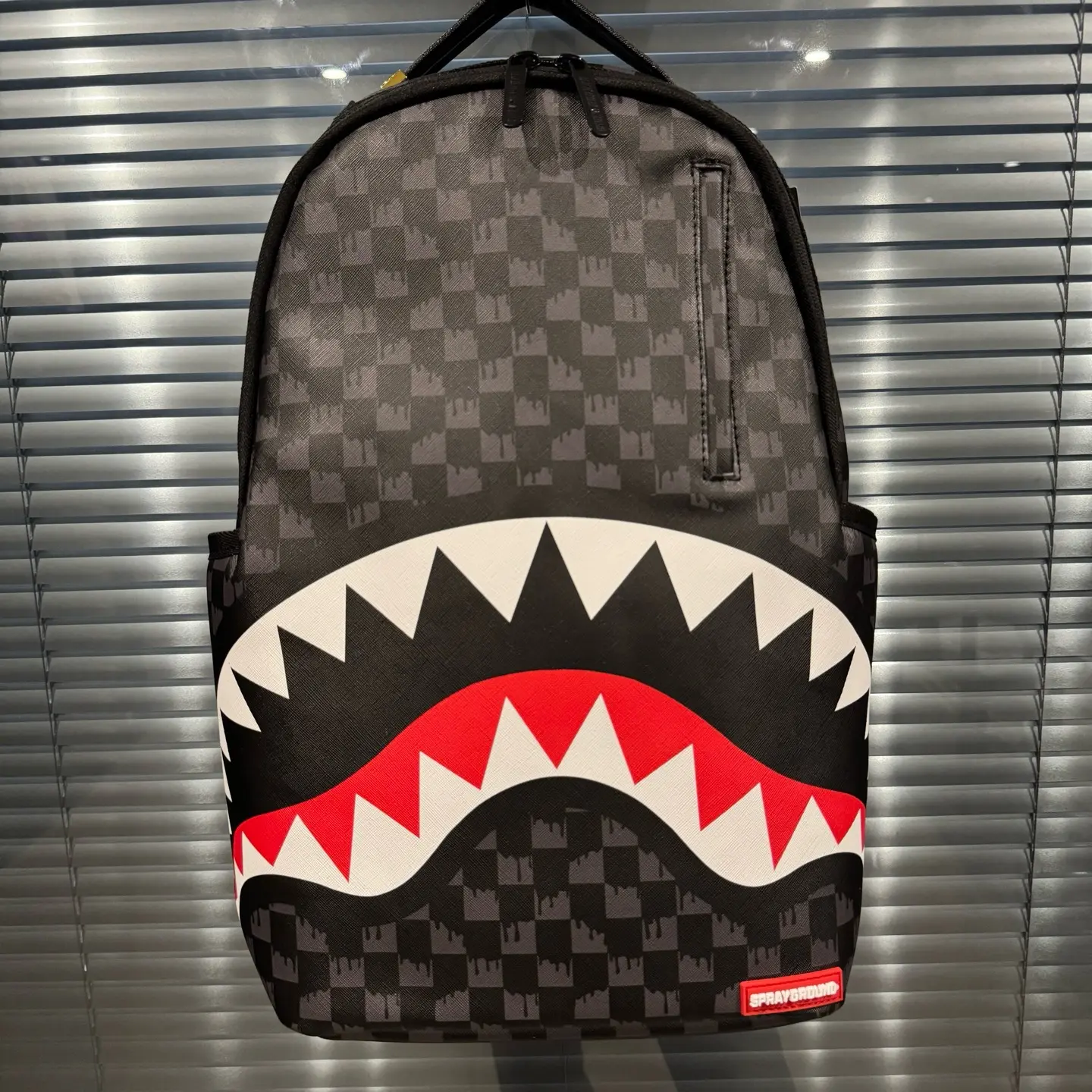 SPRAYGROUND SG Black-Grey Checkerboard Classic Shark Mouth PVC Backpack, Unisex Functional Luggage Bag for Couples