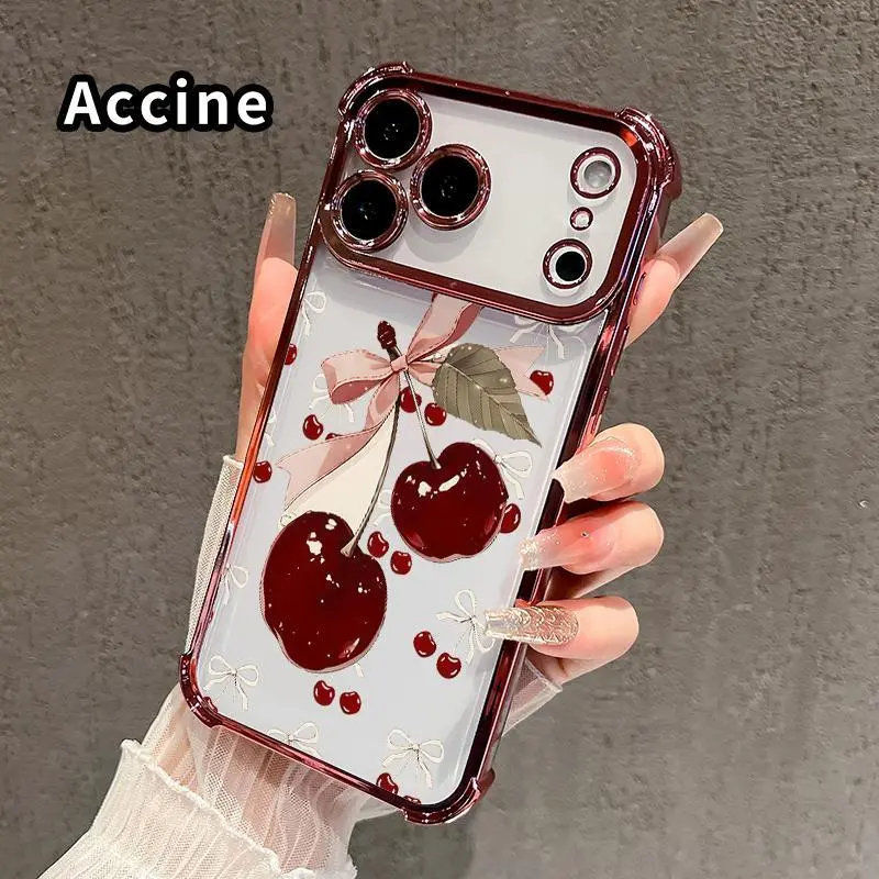Phone Case for iPhone 18 17 16 Pro Max 15 Plus 14 13 12 11 E Air Cherry Bow Delight Pattern Anti-drop Durable Total Protective Shockproof Transparent Cover Casing