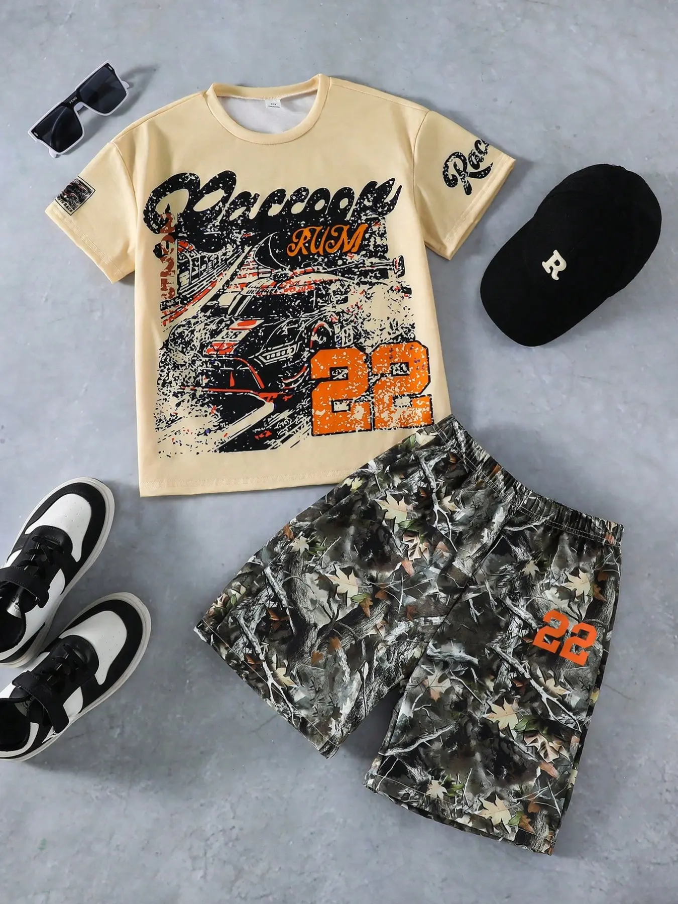 2pcs/set Toddler Unisex Vintage Camo Print Shorts Set, Summer Casual Fitted Blouse, Without Collar and Button, Ombre Pattern