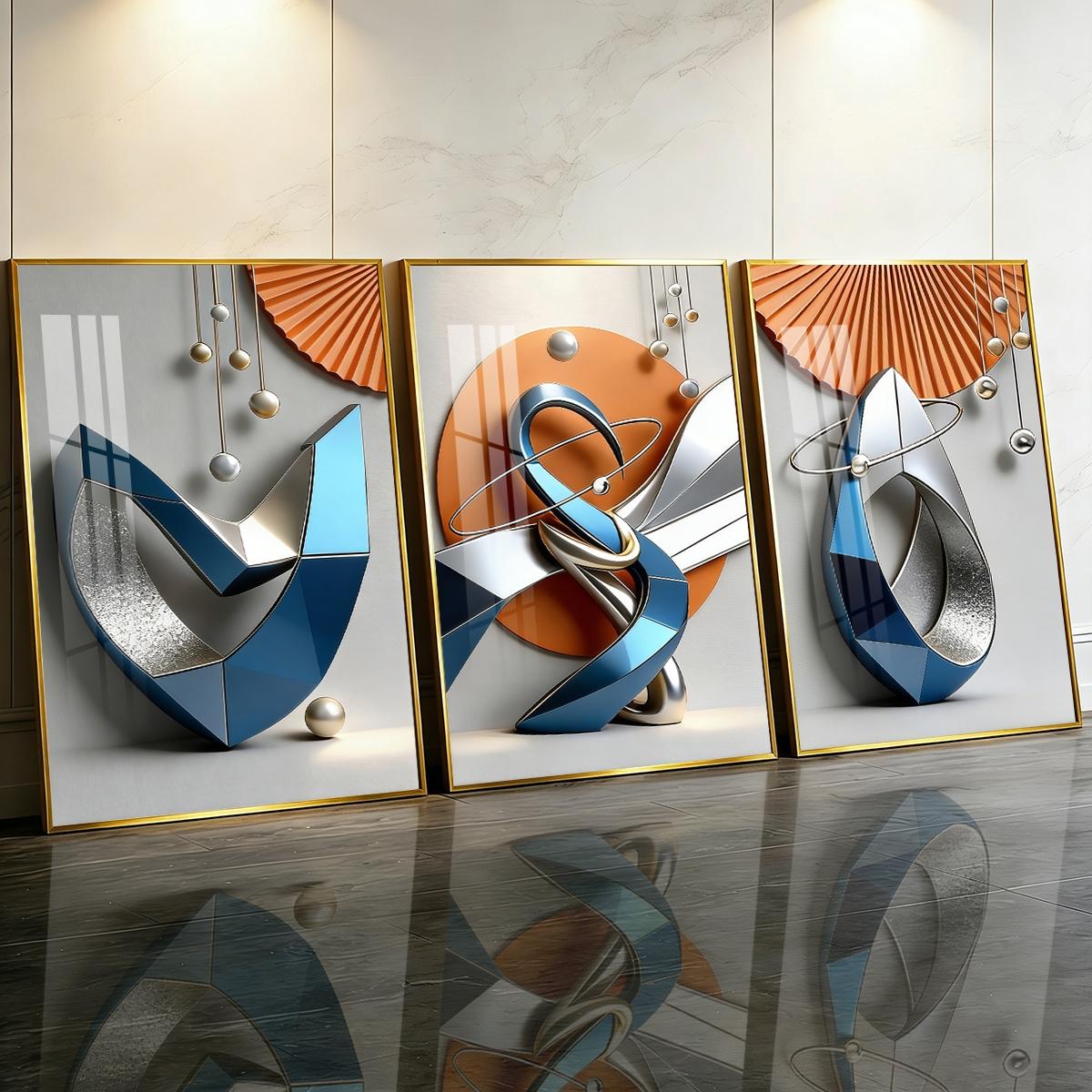 3 Counts Aluminum Alloy Framed Painting, Modern Geometric Abstract Metal Art Pictures, Home Decoration For Living Room, Bedroom, Office, Restaurant, Hallway Wall Decor, Odorless Print Artwork, Luxury Perfect Gift For Friends And Family