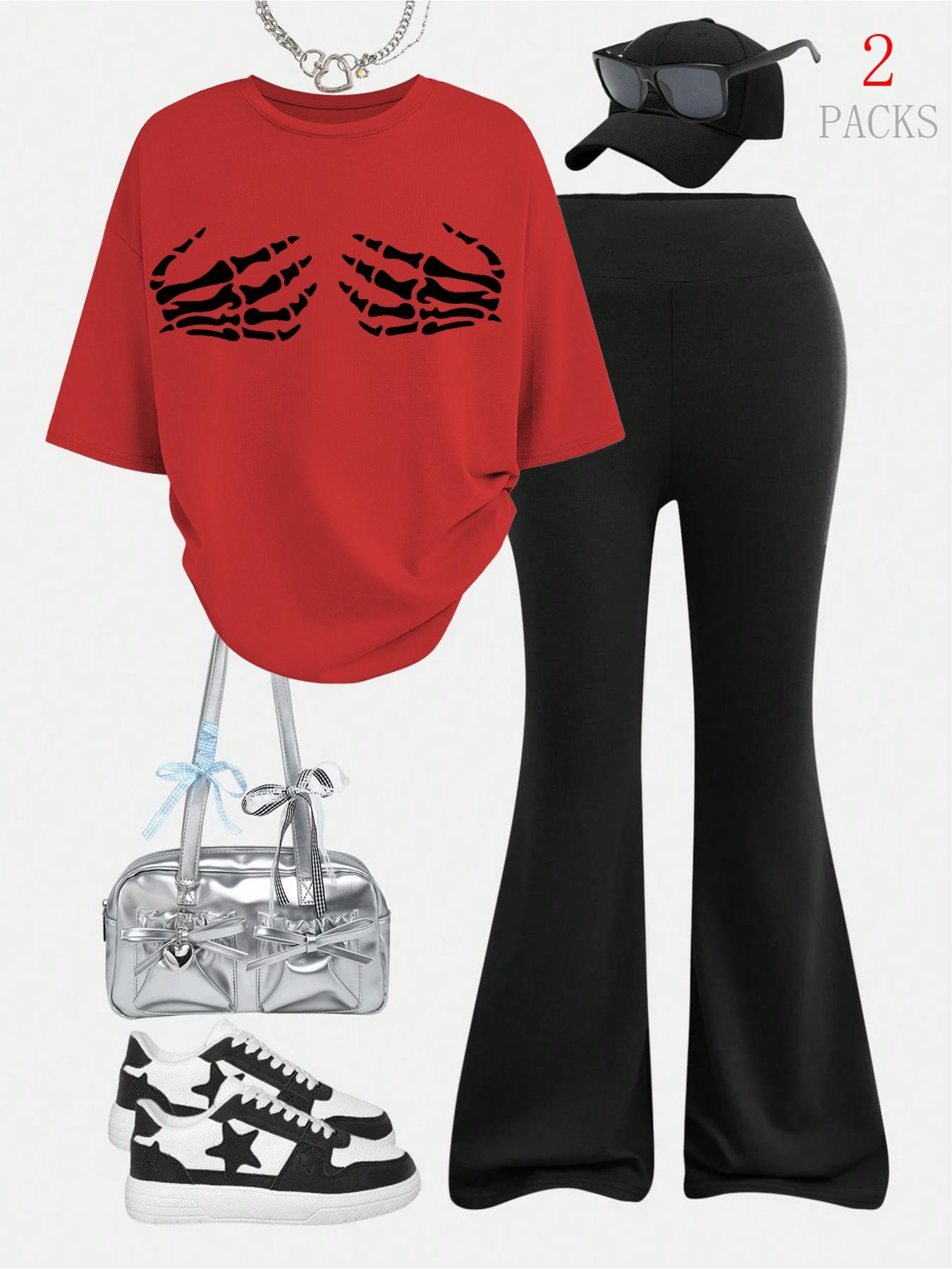 Women's Loose Casual Round Neck Short Sleeve Top, Slim Fit Bell Bottoms, Skull Print, Perfect for All Seasons, Shopping, Travel, Outdoor Sports