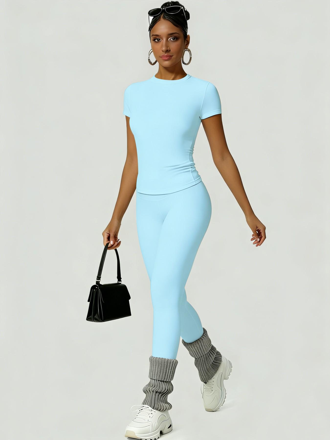 Women's Sportswear Set, Workout Gym Clothing, Training Clothes, Slim-Fit Round Neck Short Sleeves & High-Waisted Yoga Pants, Ideal for Gym Running Outdoor Activities