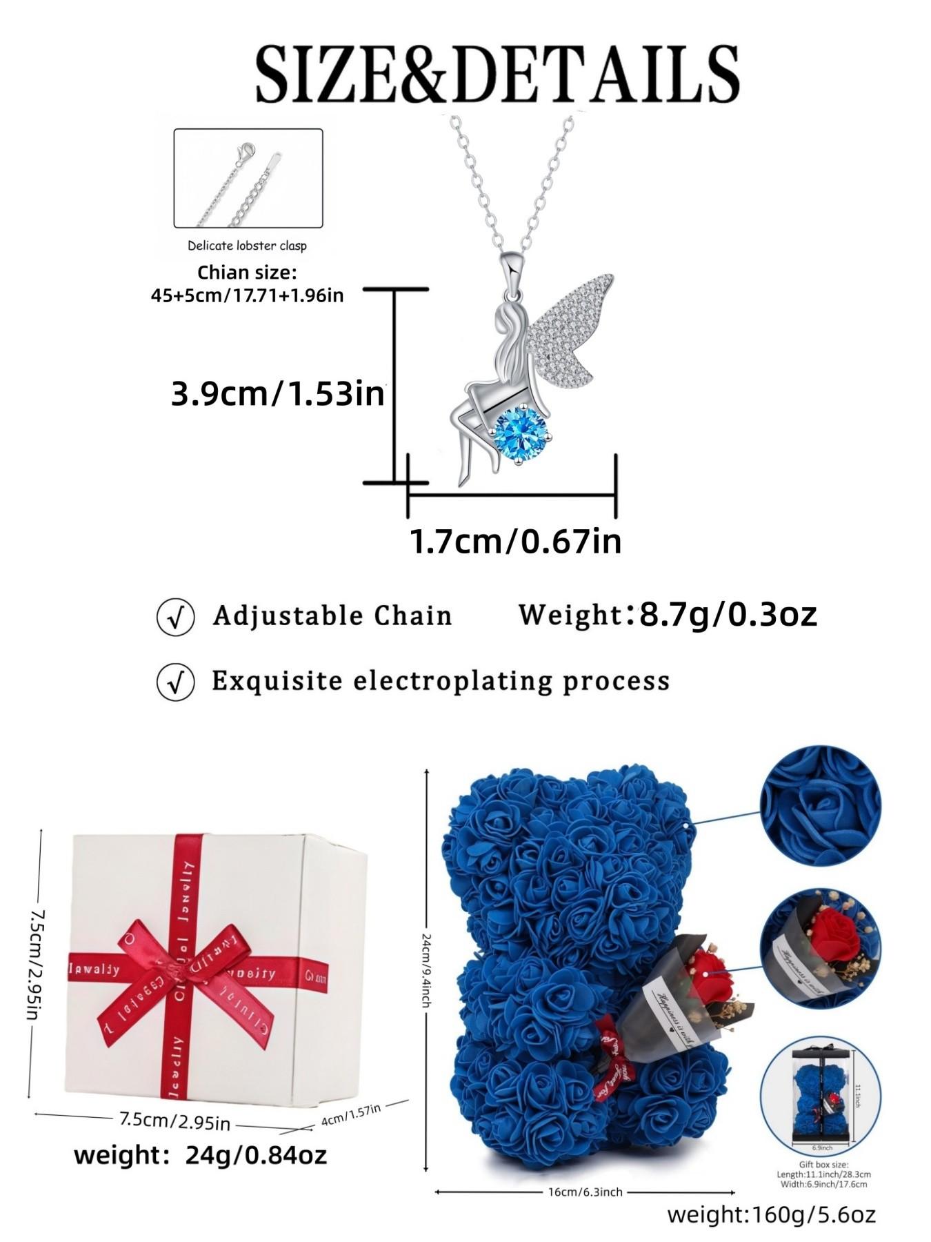 Blue Diamond Elf Wing New original niche cute elf gem necklace.Paired with a preserved rose & teddy bear jewelry gift box.Perfect mysterious gift for festivals, birthdays, Valentine's Day, Mother's Day and Christmas.