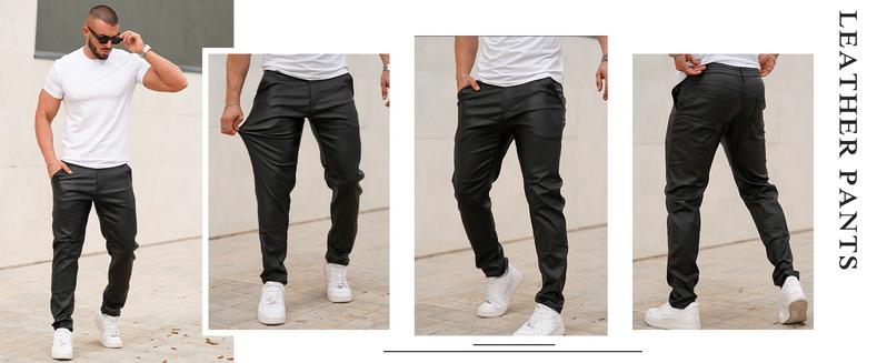 GINGTTO Mens Slim Fit Pants Stretch Pu Faux Leather Motorcycle Biker Pants