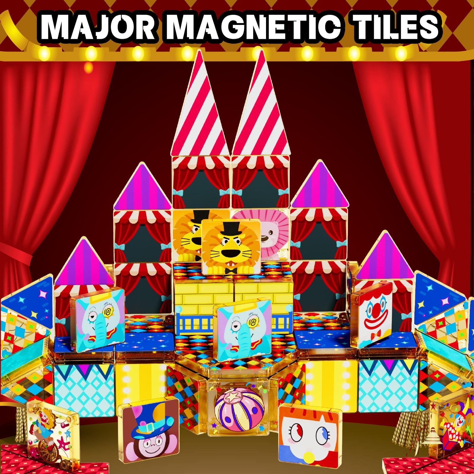 【New Sticker Set】60PCS,1.48inch Creative Sticker Magnetic Tiles,Circus Series，Magnet Building Blocks Cubes Construction Stacking Educational Assembly Toy Preschool STEM Play Creative Playboard for Toddler Kids Ages 3+,Kids Toys best gift