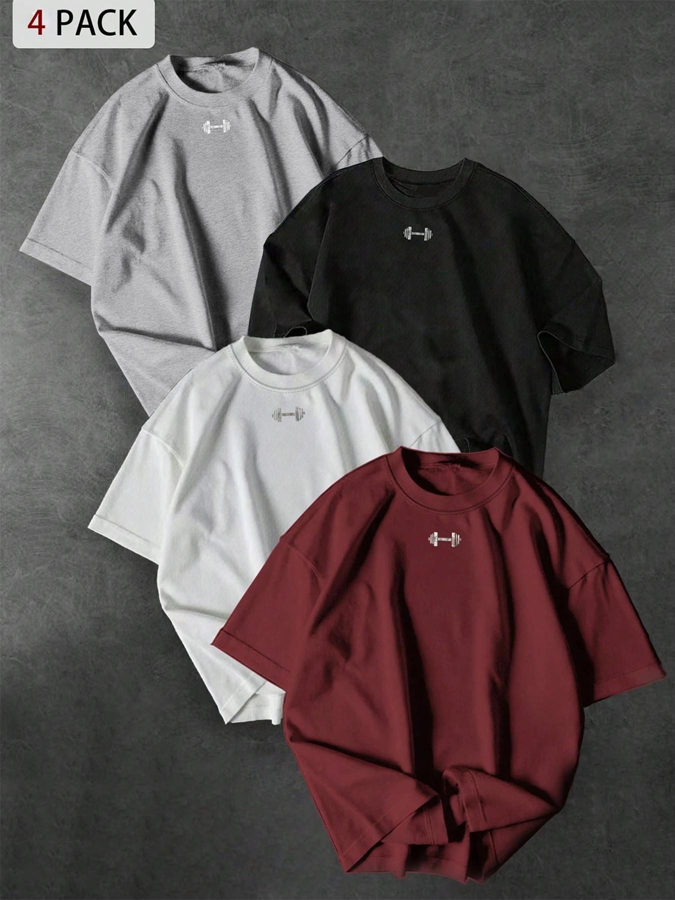 4 Pack Unisex Multi-Color Dumbbell Graphic Prints T-Shirts, Casual Crew Neck Short Sleeve Tops for Men and Women Daily Outings and Fitness