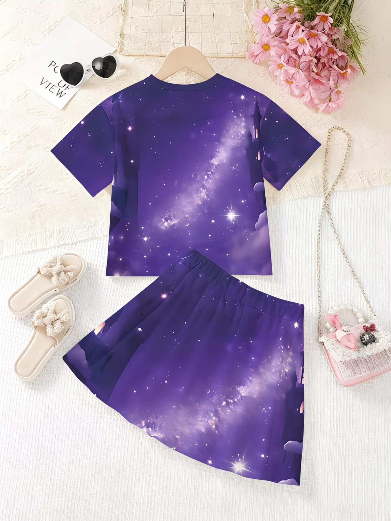 Girls' Summer Casual Set, Cartoon 3D Print, Fashion Round Neck Short Sleeve Top + Skirt, Comfortable Summer for Kids