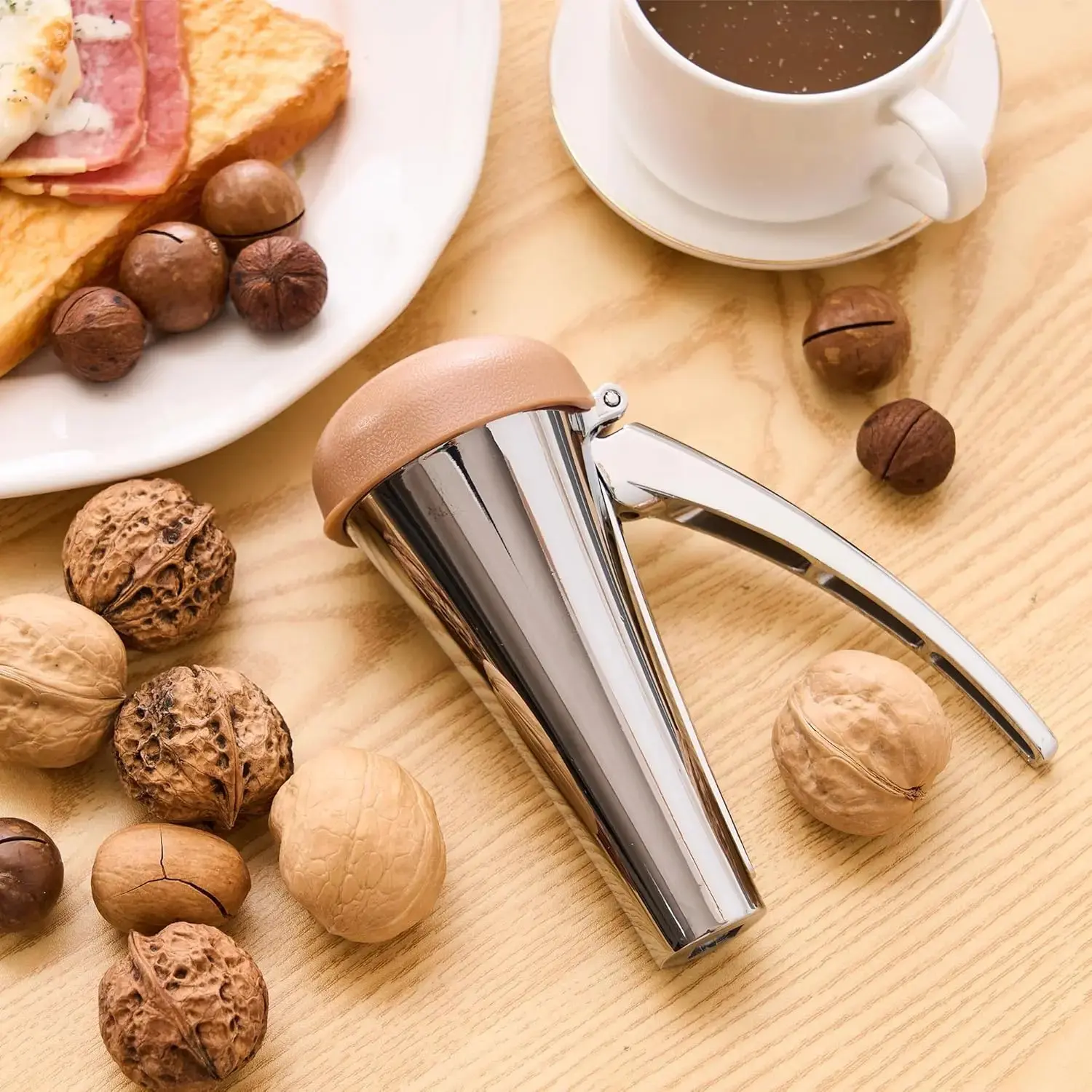Heavy-Duty Nutcracker Tool with Splash-Proof Brown Lid, Long-Handle Lever and Spring-Return Design for Walnuts, Pecans, Hazelnuts and Other Nuts