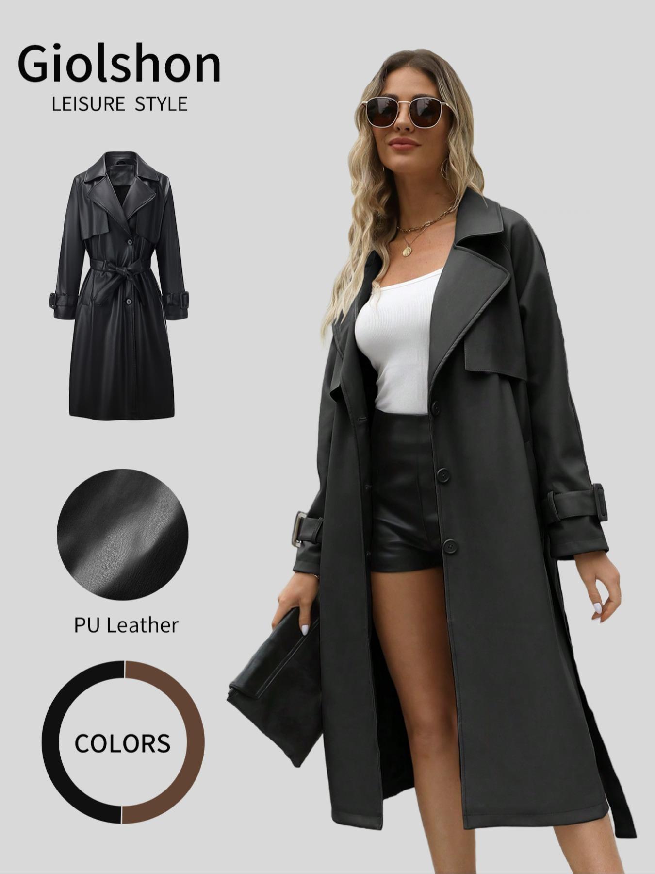 Women's Spring British Style PU Long Jacket, Casual Fitted Windbreaker, Lightweight Elegant Commuter Coat, Includes Waistband