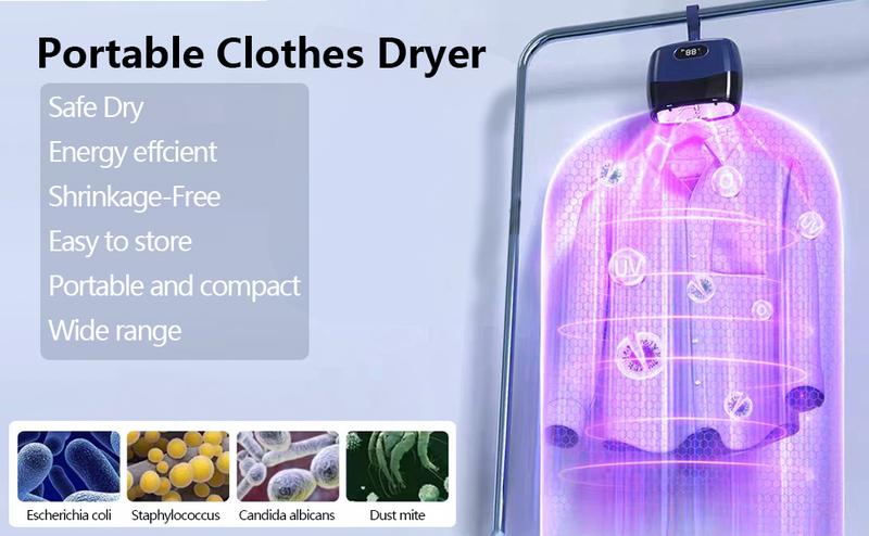 Portable Dryer Mini Dryer Features an adjustable timer and wrinkle-free heating function to quickly dry large quantities of clothes and shoes. Ideal for home, apartment, business trips, and travel use.