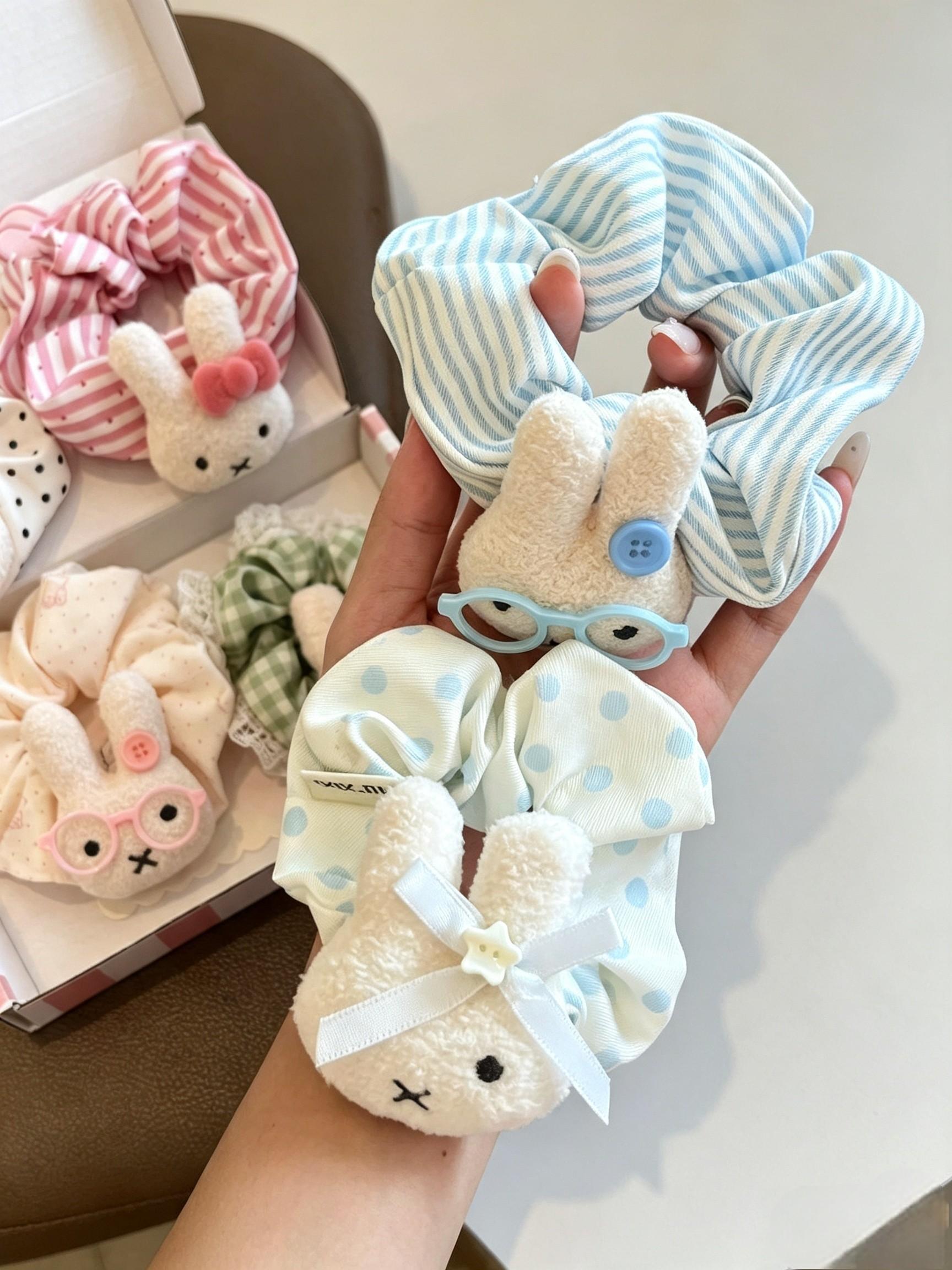6pcs Easter Day Hair Scrunchies Bowknot, Candy Color Rabbit Hair Ties, Elastic Bands for Thick Curly Hair, Ponytail Holders for Women Men