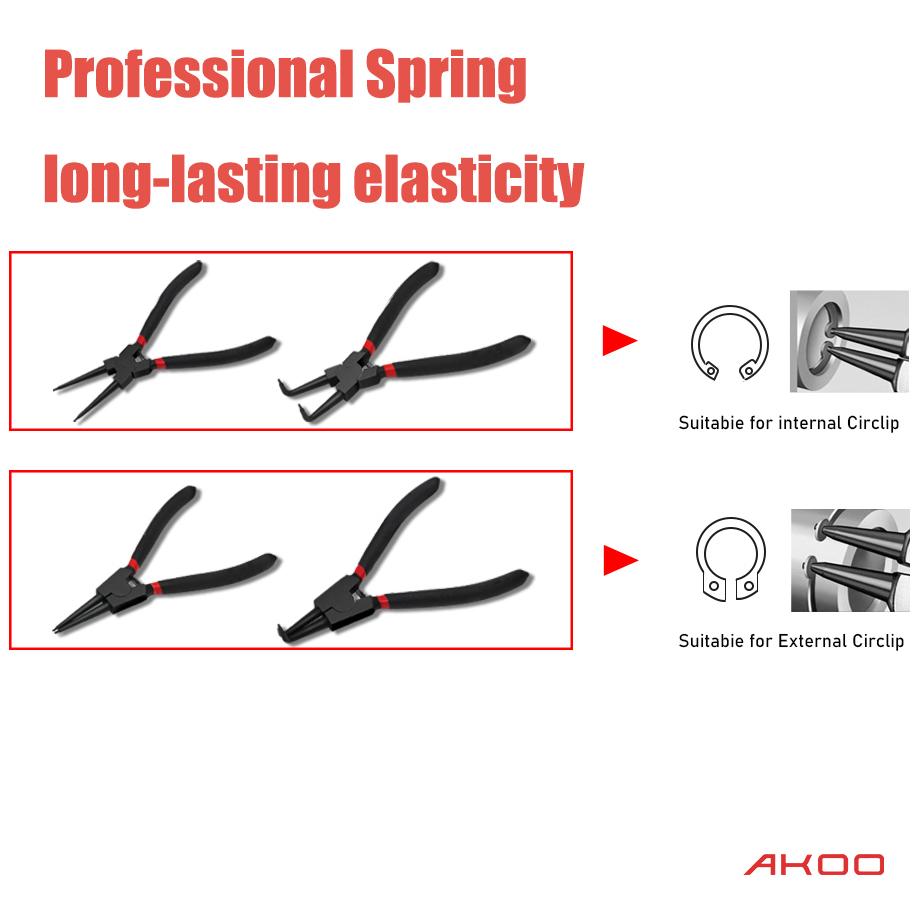 AKOO Snap Ring Pliers Set, 4pcs 7" Internal/External Circlip Pliers Kit with Straight/Bent Jaw, Heavy Duty Precision Spring Loaded Pliers for Ring Remover Retaining and Remove Hoses, Gaskets，Ring Remover Retaining【B】