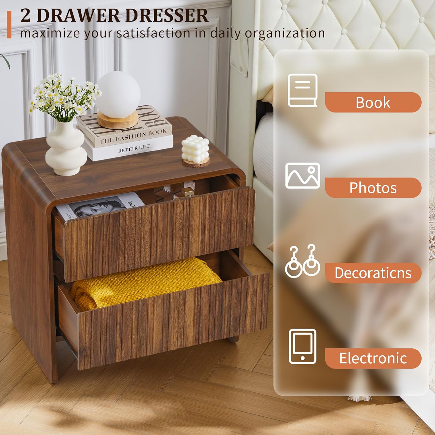 Giratree Mid Century Modern 2-Drawer Dresser, Small Nightstand, Curved Wood Side Table, Bedroom, Living Room, Hallway, Entryway