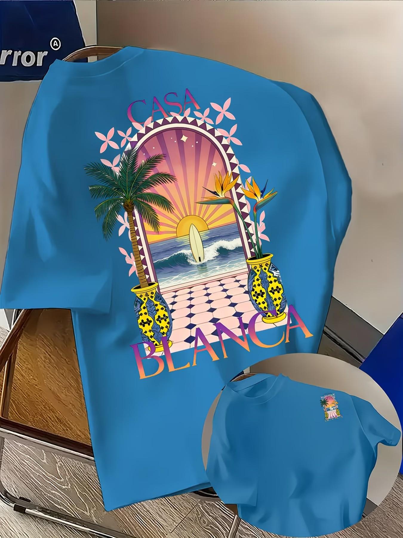 Men's Casual Comfortable Short Sleeve T-Shirt, Casablanca Pattern Front and Back, Loose Fit, Ideal for Daily Wear, Travel, Dating