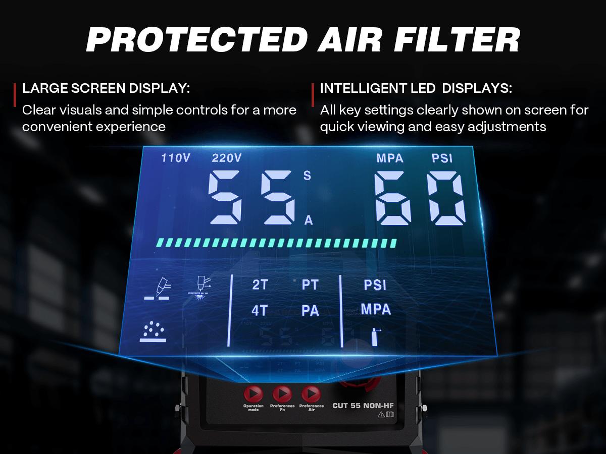 Arccaptain CUT55 Non-HF Plasma Cutter, Blowback Non-HF Pilot Arc Plasma Cutting Machine, Large LED Display IGBT Inverter 110/220V Dual Voltage, 3/5" Clean Cut, Mesh Cutting, Rust Removal, PA PT Adjustable, Black Friday Deals, Xmax Gift for Man and Dad