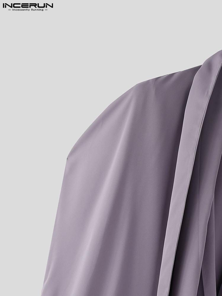 INCERUN Men's Avant-garde Cross Collar Solid Color Cape False Two-piece Long Shirt