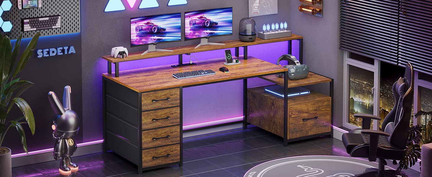 SEDETA 66-inch Home Office Desk with File Drawers and Power Outlets Printer Cabinet with Storage Shelves and Monitor Shelf, Game Table with LED Lights