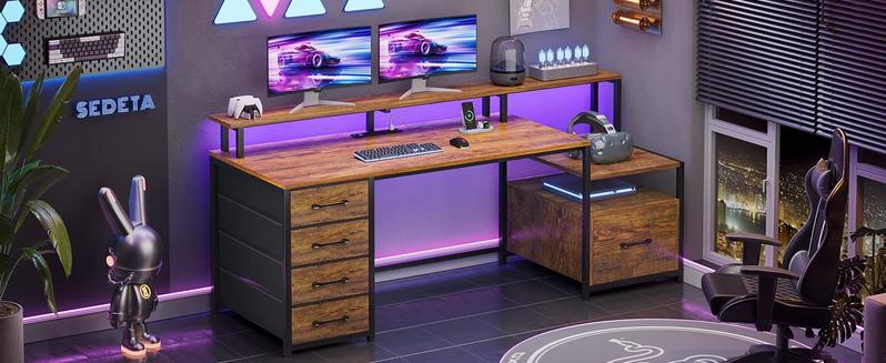 SEDETA 66-inch Home Office Desk with File Drawers and Power Outlets Printer Cabinet with Storage Shelves and Monitor Shelf, Game Table with LED Lights