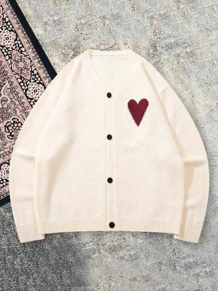 Men's Heart Pattern Knit Cardigan, Casual Loose-Fitting Long Sleeve Sweater, Lightweight Layering Piece for Fall & Winter