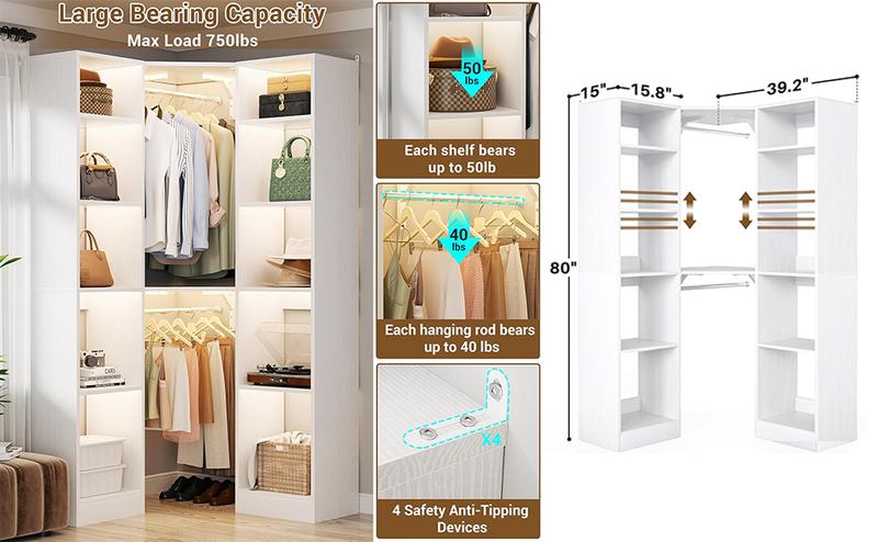 80'' Height Freestanding Wood Closet System, DIY Reversible Stand-alone Wardrobe Walk-in Closet Garment Organizer with Hanging Rod and Drawers, White
