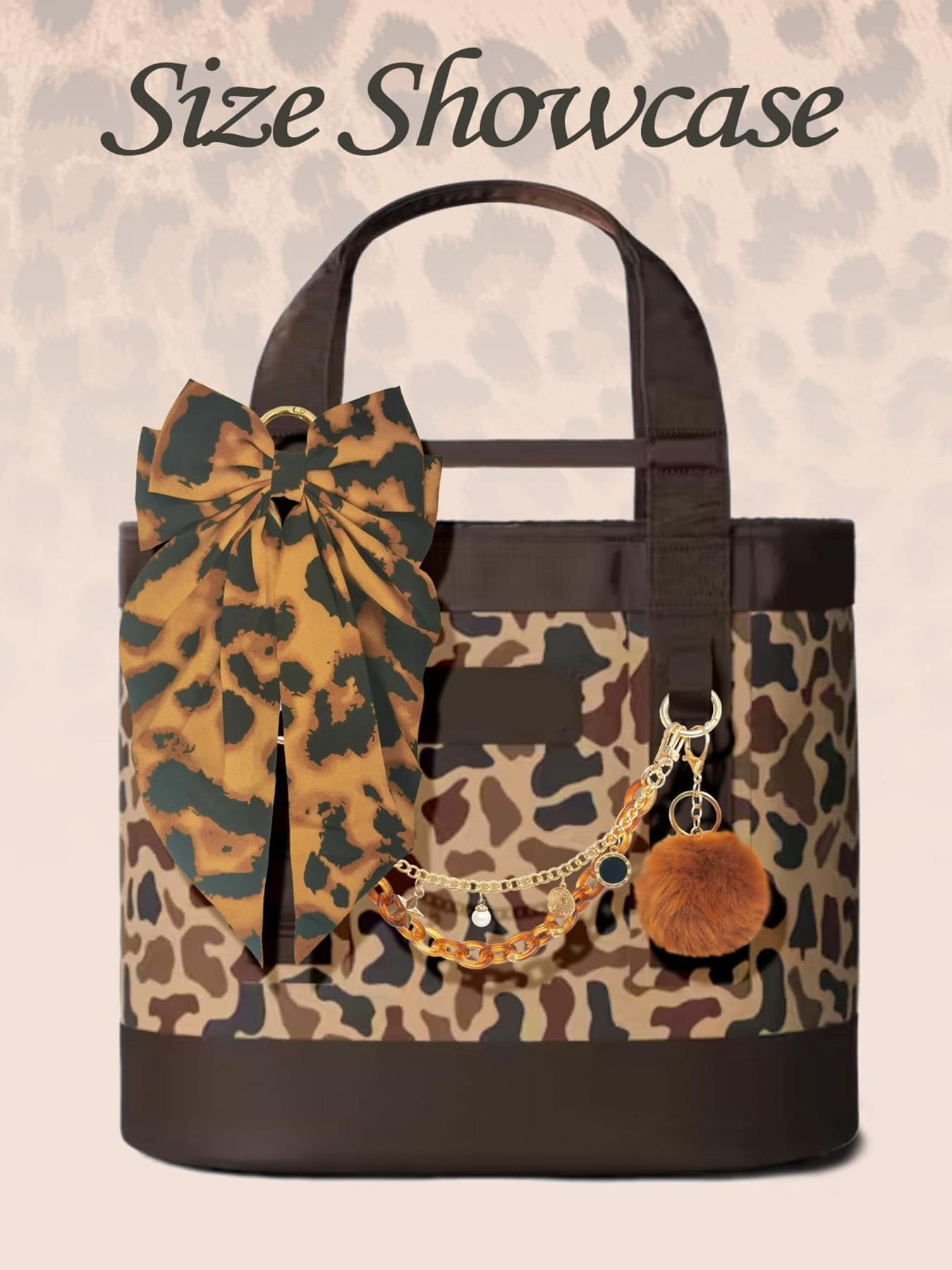 4PCS Leopard Tote Bag Accessories Set, 2 Chains, Satin Bow & Pom Pom, Handbag Decor Kit for Women, Bag Charm Set