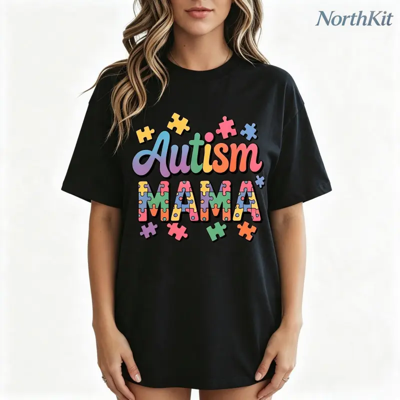 Women's Casual Autism Mama T-Shirt, Breathable Crew Neck Tee with Puzzle Piece Heart, Loose Fit Street Style Top, Mother's Day Gift, Round Neck, Casual Wear
