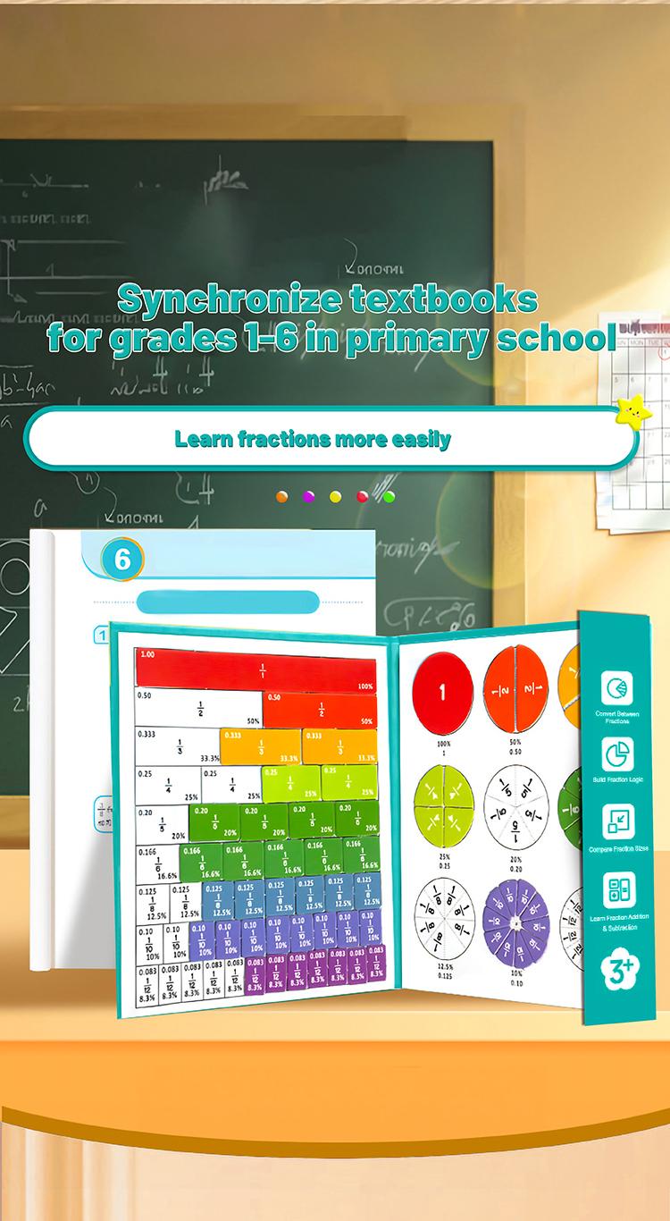 Magnetic Fraction Math Learning Book for Kids Aged 3-8, Colorful Educational Puzzle Toy, Magnetic Book for Addition & Subtraction Practice
