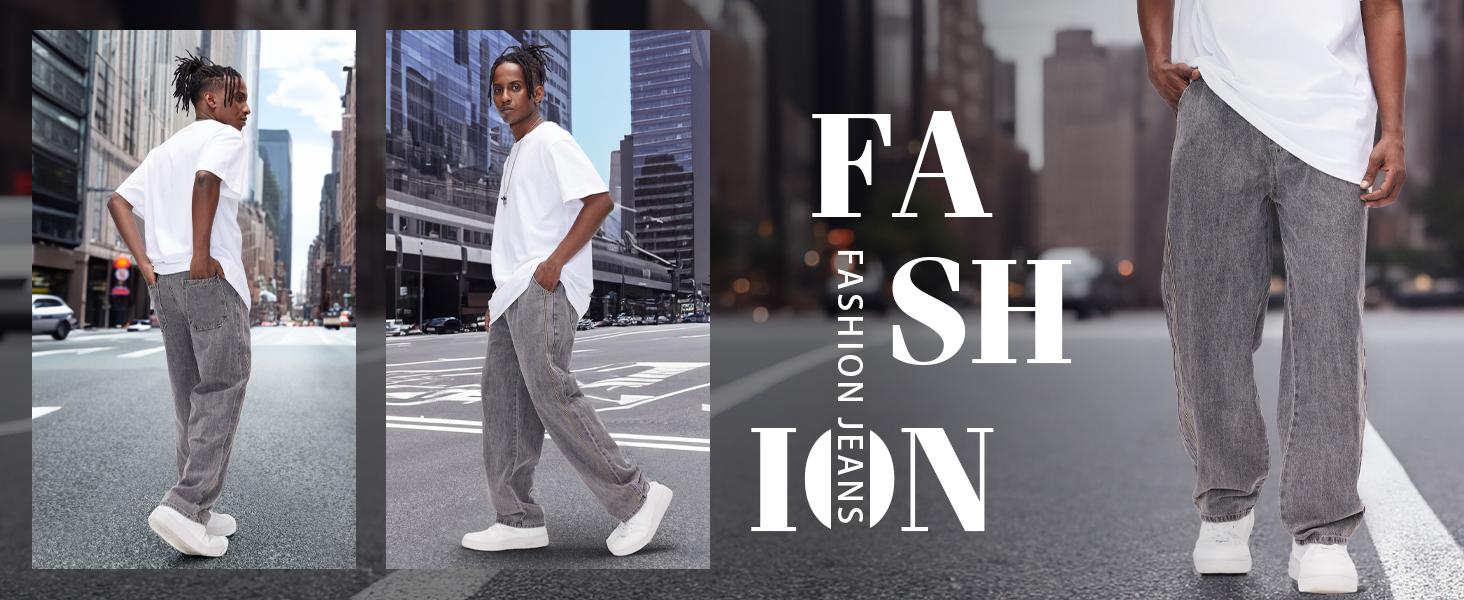 Men's Straight Leg Denim Pants Loose Fit Wide Leg Baggy Jeans Hip Hop Streetwear Trousers