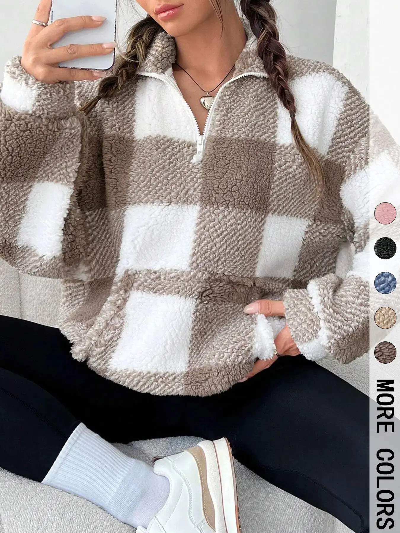 Women's Plaid Print Half Zip Drop Shoulder Baggy Fleece Sweatshirt, Casual Style Long Sleeve Stand Collar Pullover for Spring & Fall, Ladies Clothes for Daily Wear