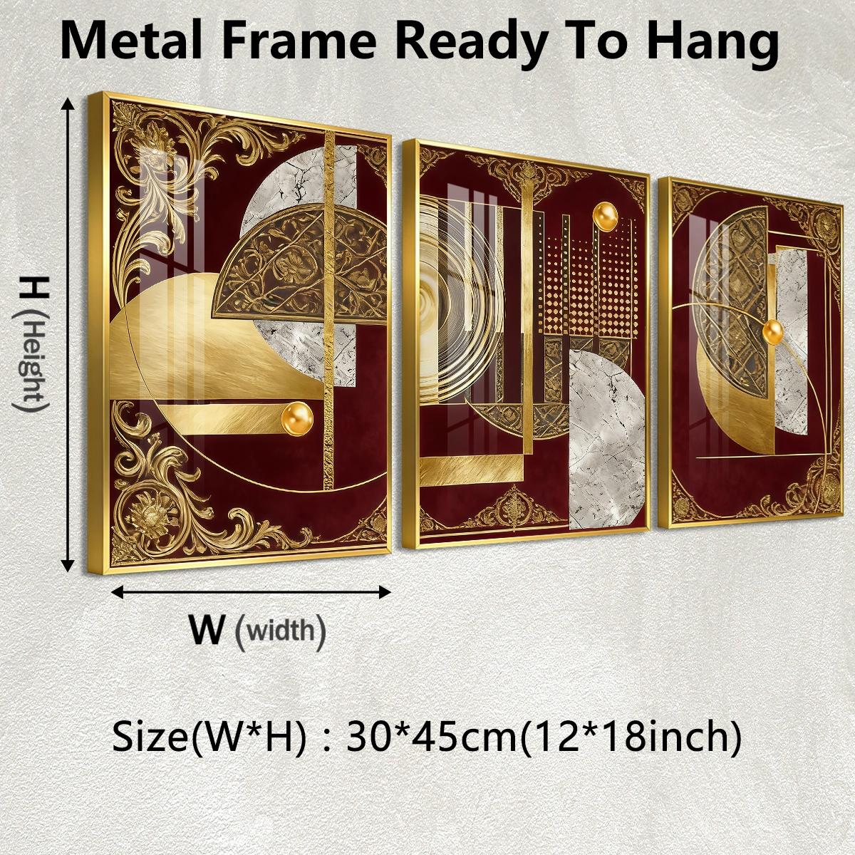 3 Counts Aluminum Alloy Framed Painting, Abstract Geometric Gold And Burgundy Art, Home Decoration For Living Room, Bedroom, Office, Restaurant, Hallway Wall Decor, Odorless Print Artwork, Luxury Perfect Gift For Friends And Family