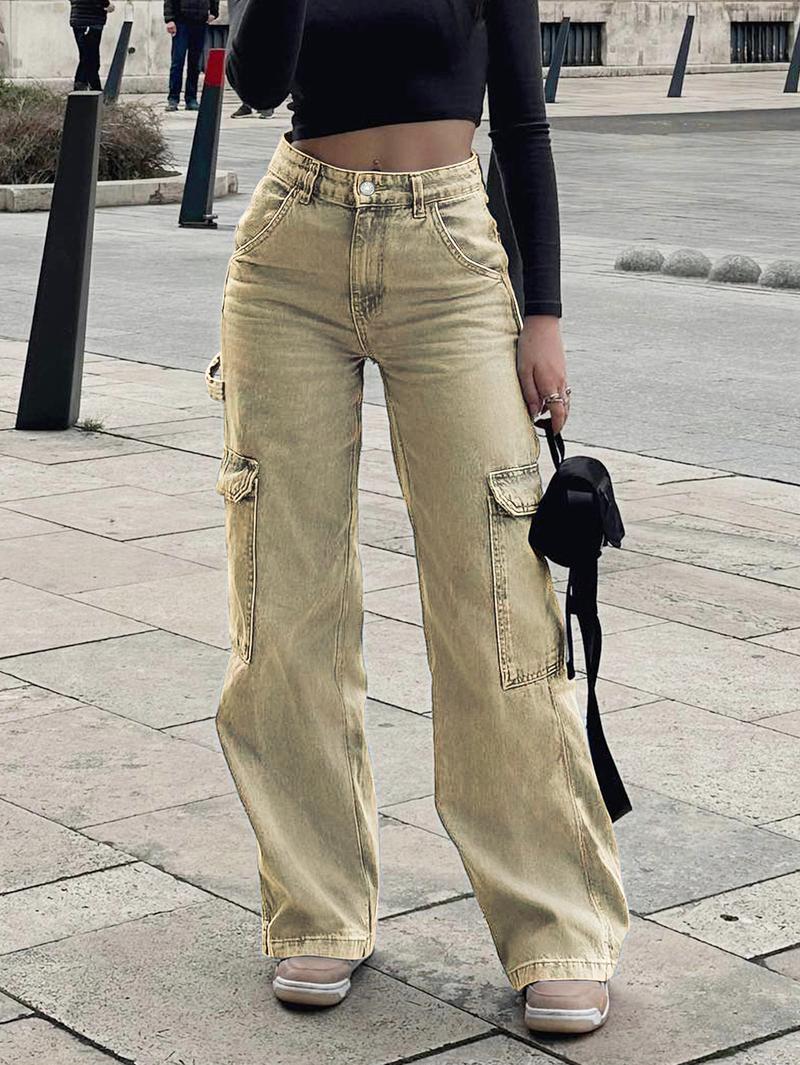 NVFelix Women's Black Cargo Jeans, Casual Utility Loose Fit Straight Leg Denim Pants, High Waisted Casual Trousers with Multiple Pockets for Everyday Streetwear