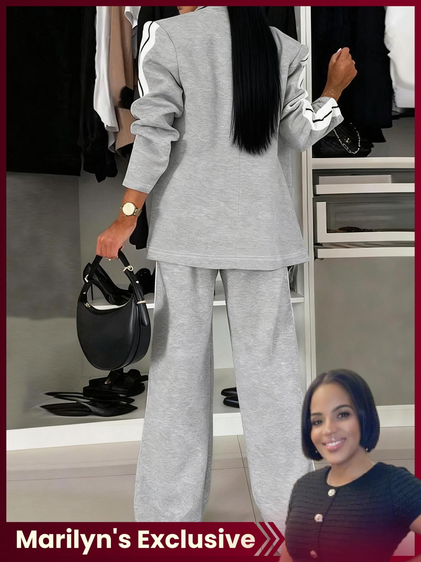 【Marilyn's Exclusive】Valentine's Day Women's Striped Print Blazer Jacket & Wide Leg Pants Set, Casual Fitted Suit for All Seasons, Stylish Ladies' Clothing Ensemble