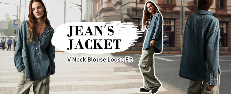 FMEYOA S~2XL Womenswear FallFreshness Denim Pullover Casual Comfort Button V Neck Blouse Loose Fit Tops Longsleeves Jean Jacket With Pocket