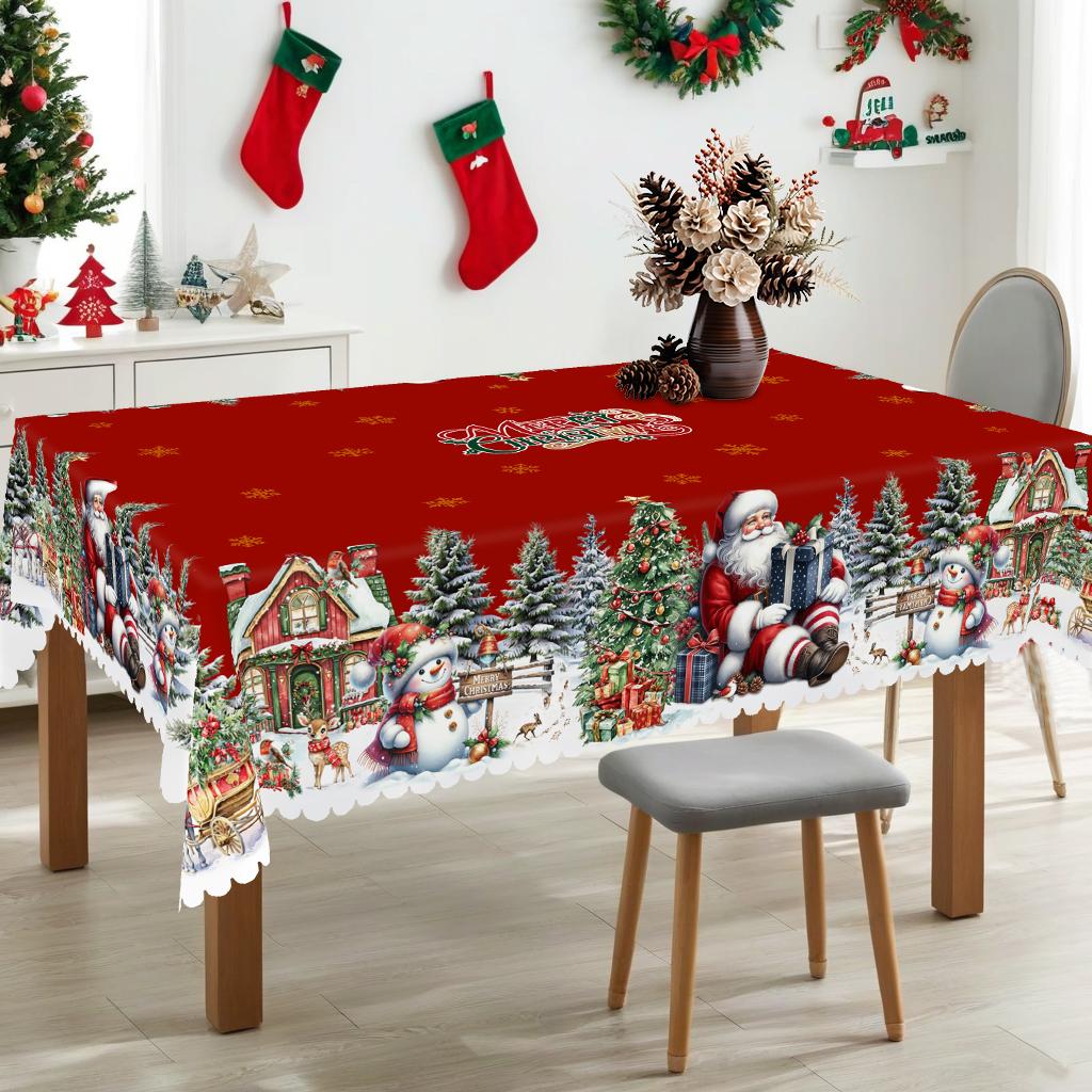 PLUMLIK Red Christmas Tablecloth with Santa Claus, Reindeer, Snowman Patterns, Christmas Decor 2025, Christmas Party Decoration for Indoor&Outdoor, Vintage Round Rectangular Table Cloth, Holiday Home kitchen Festive Decor, Christmas Gifts