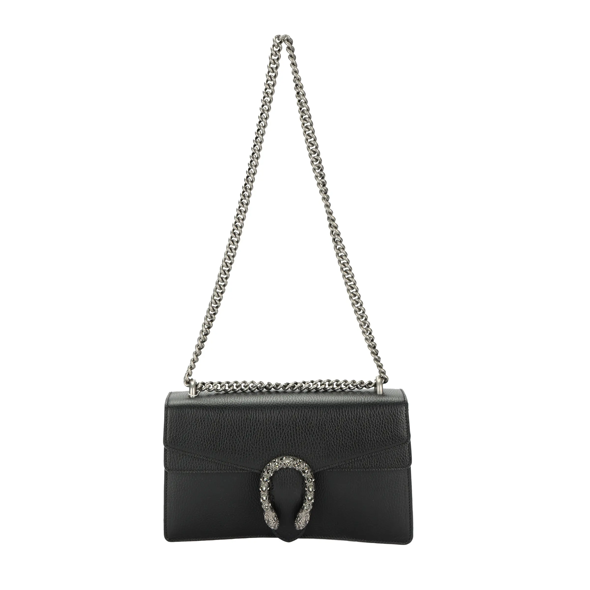 Gucci Dionysus Distressed Tiger-Head Clasp Chain Leather Handbag for Women, Small Size, Black