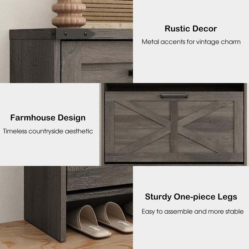Farmhouse Shoe Storage Cabinet with 2 Hidden Flip Drawers & 2 Drawers – Narrow Freestanding Shoe Rack Organizer with Adjustable Shelves for Entryway
