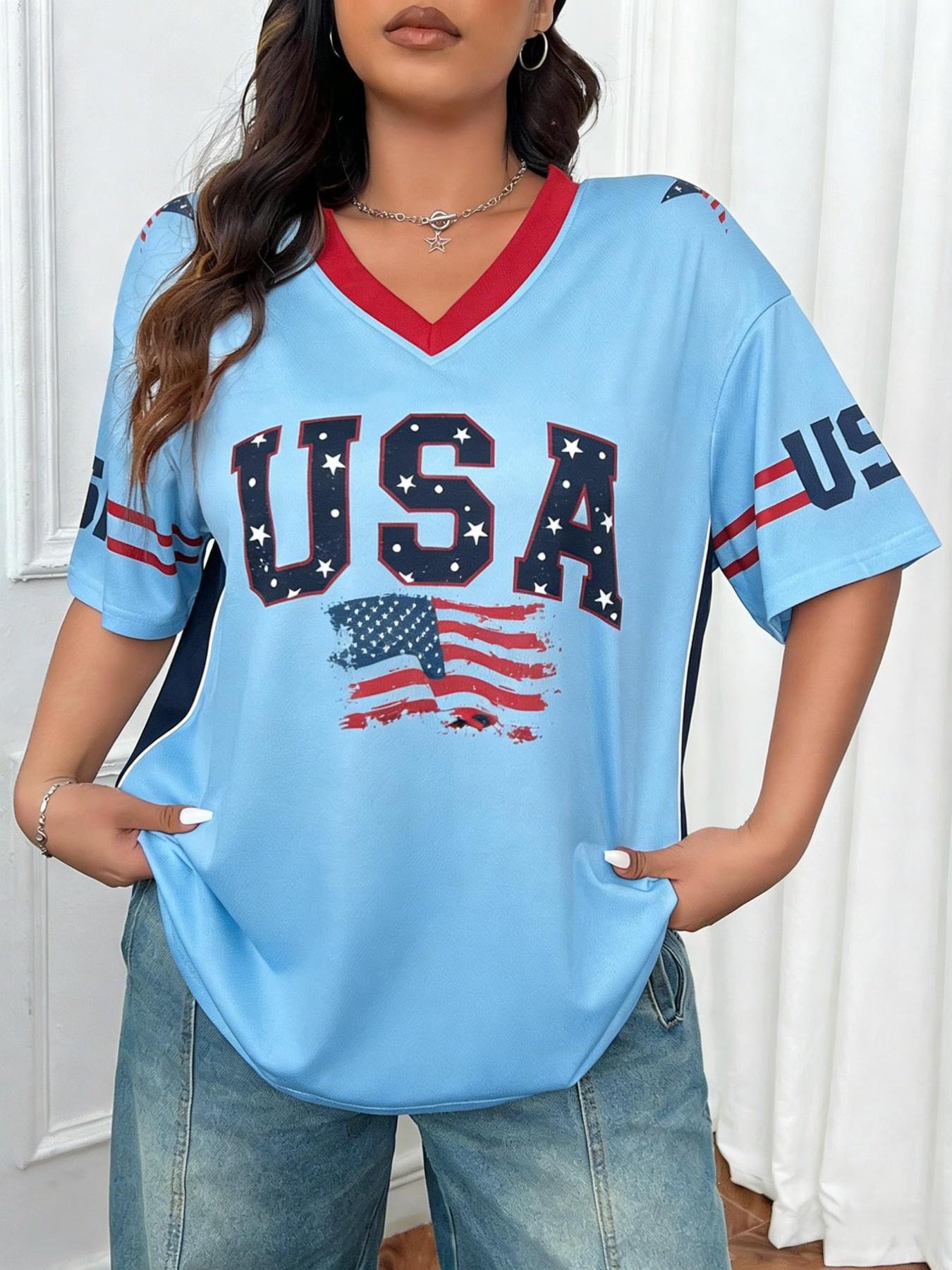 Women USA American Flag Striped Graphic V Neck Sleeves Lightweight Jersey Loose Fitting Irregular Hem T Shirt Y2K Independence Day Casual Summer Top
