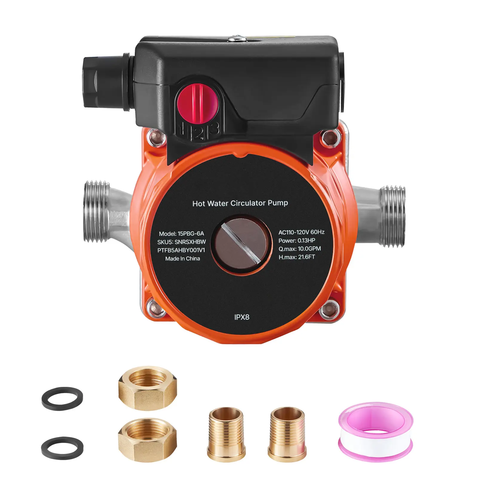 Hot Water Recirculating Pump, 10 GPM, Instant Circulation Circulator Pump System, 3-Speed Control, 0.13 HP, 110-120V, NPT 3/4 in to NPT 1/2 in Adapter, Stainless Steel Head, for Water Heaters