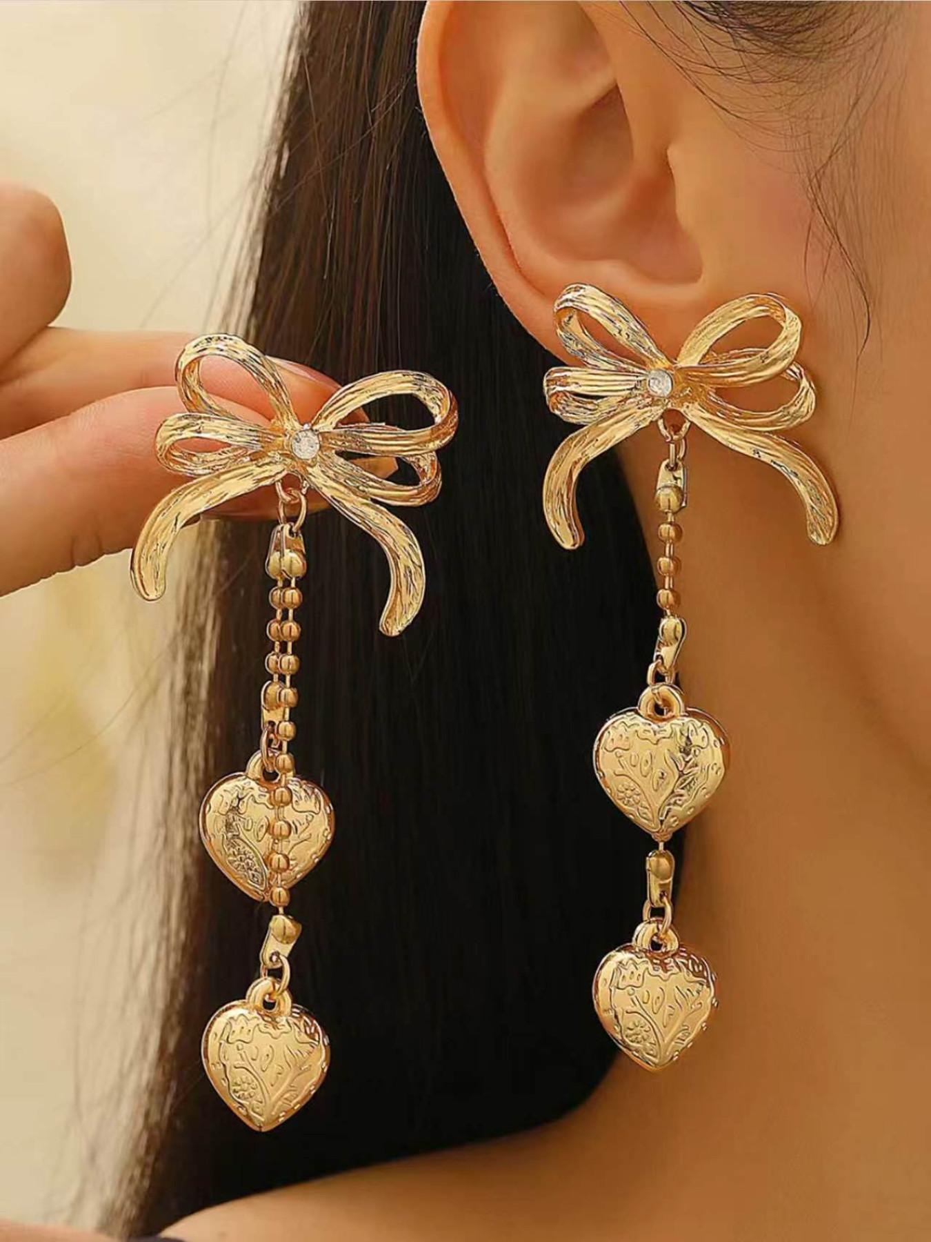 Elegant Butterfly Knot Drop Earrings, Heart Pendant, Star Moon Design, Classic Women's Jewelry, Perfect for All Seasons, Ideal for Holidays