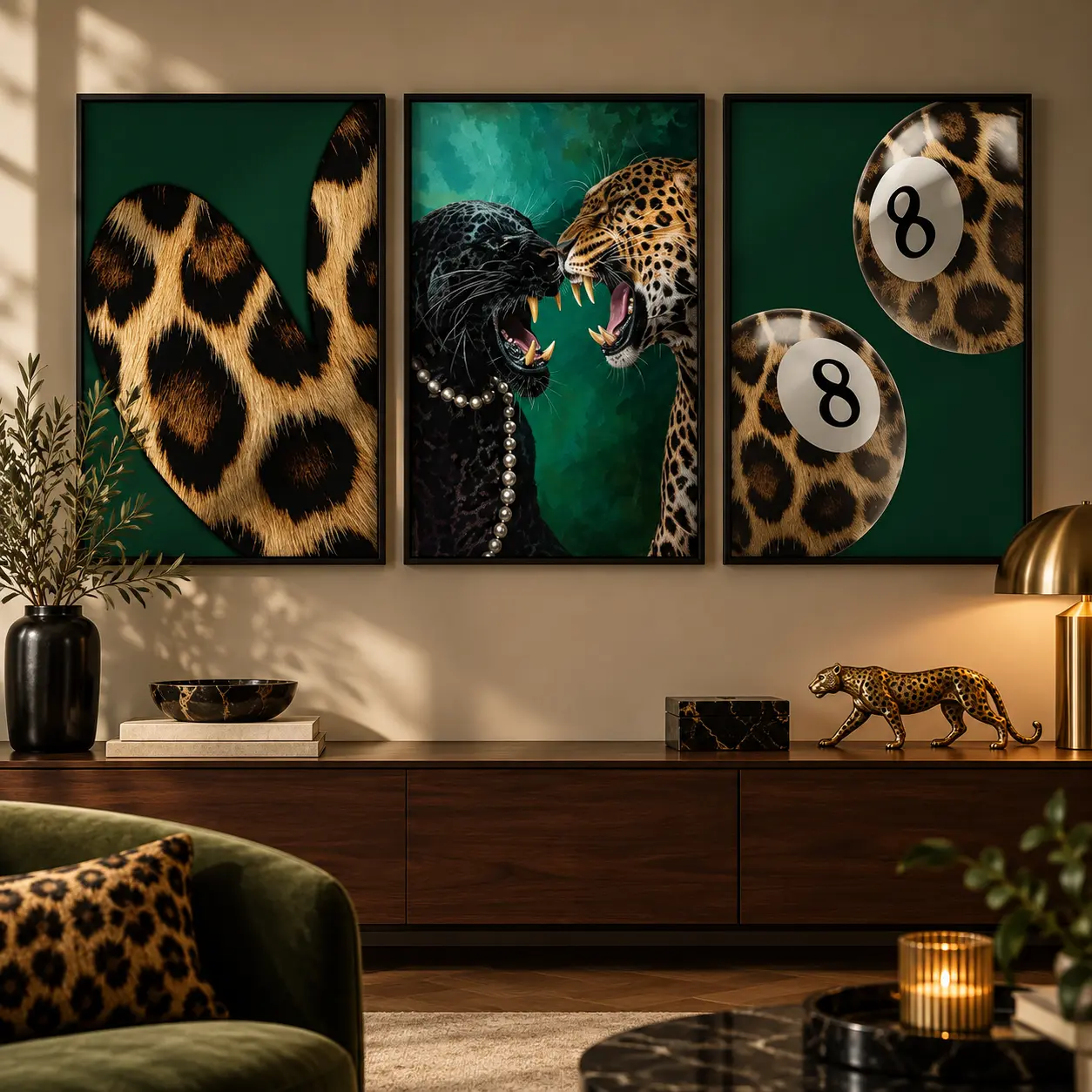 Dark Green Leopard Wall Art Canvas Print, Pool Ball Bow Good Vibes Graphic Poster, Trendy Retro Gallery Decor for Bedroom Dorm Apartment Living Room
