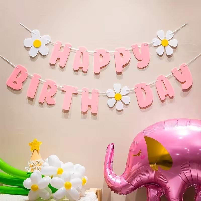 Birthday & Daisy-Themed Party Decor — Small Felt Flower Banner and Soft "First Birthday" Sign. A versatile design suitable for christenings, everyday decoration, and various party settings.